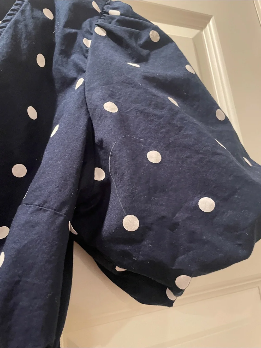 Old Navy Navy and White Polka Dot Puff Sleeve Wrap Blouse